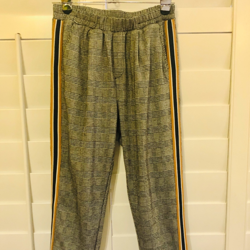 Black and White Plaid Pants with Side Stripe